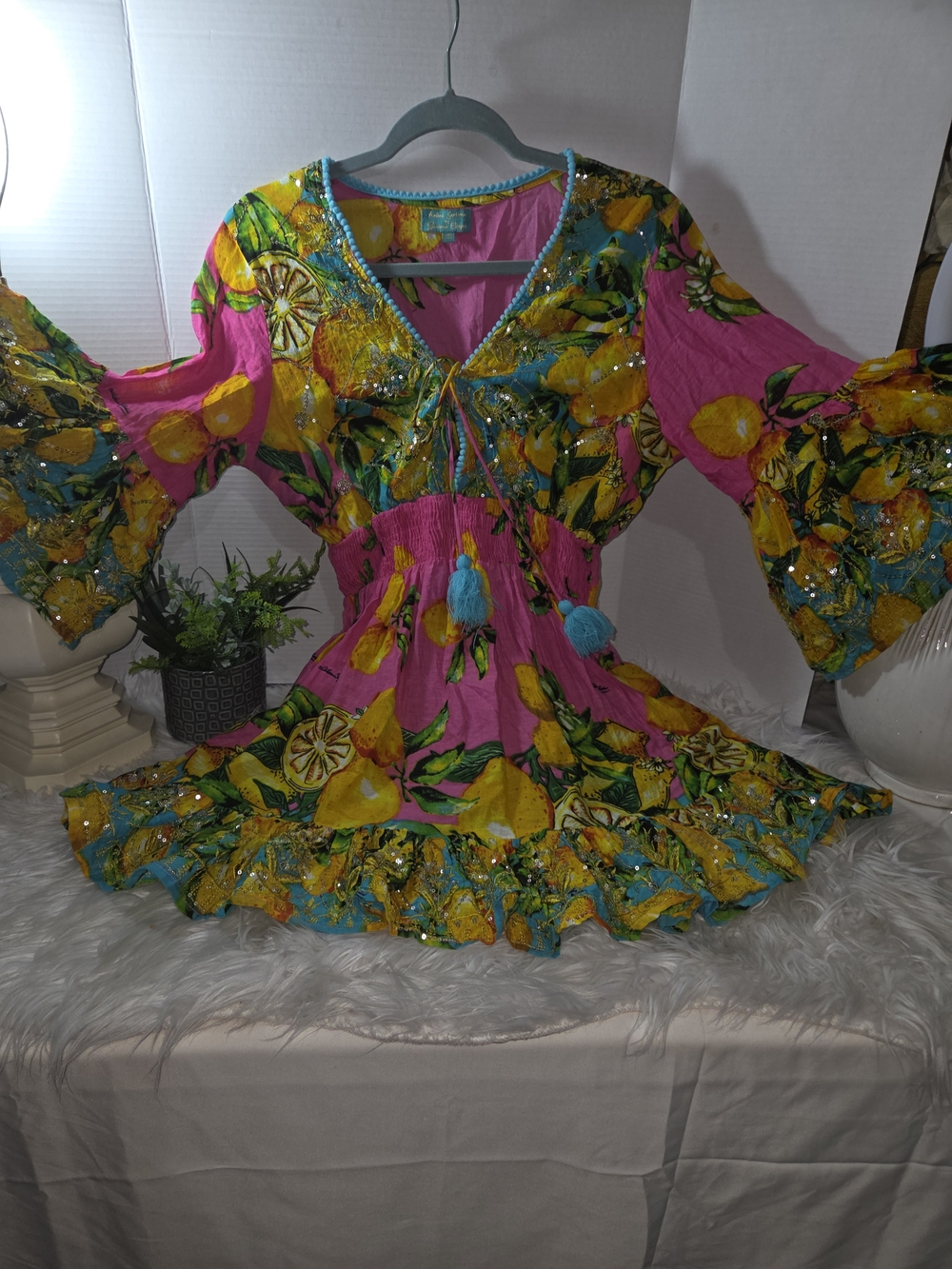 Giacomo Cinque Sequin Vibrant Pink Lemon-Print Mini Dress with Tassel Tie - Picture 3 of 12